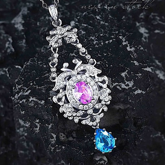 Sterling Silver Pink Blue Cubic Zircon Exquisite Trendy Pendant Necklace - Picture 4 of 5